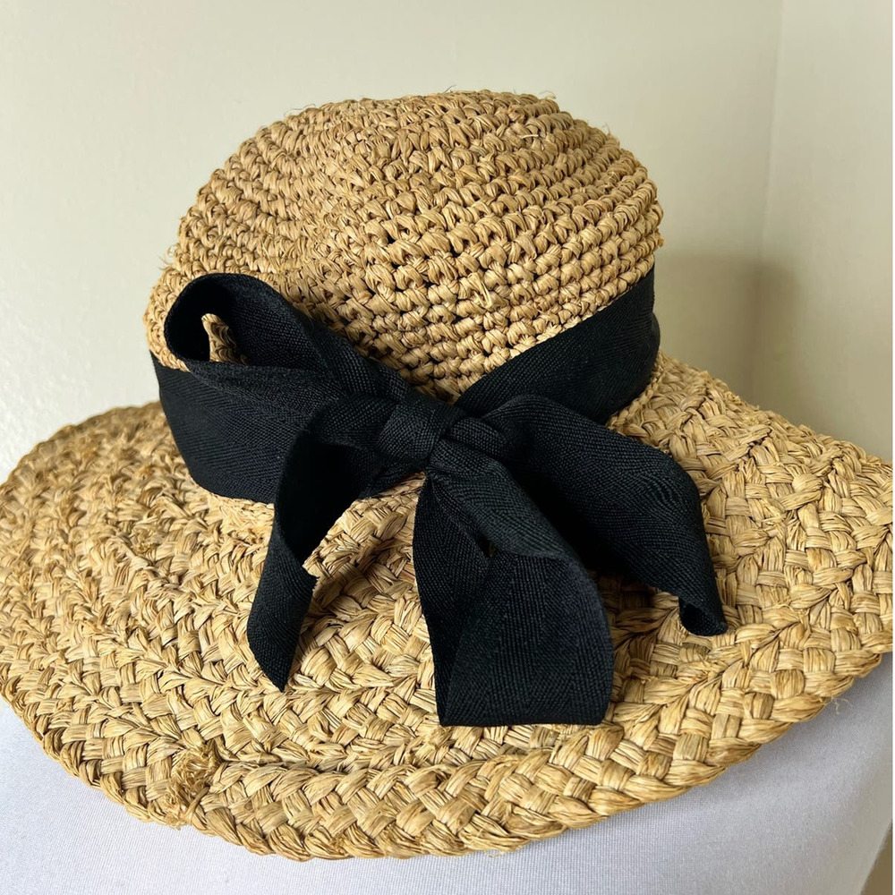 San Diego Hat Co Straw Sun Hat OS Natural Black Bow Ribbon Beach Vacation Resort - Picture 1 of 8